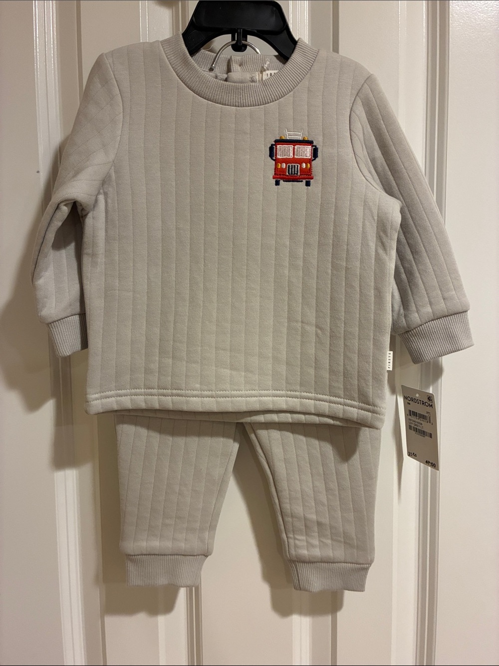 Petit Lem Quilted Firetruck Gray Set with Red Fire Truck Accent
